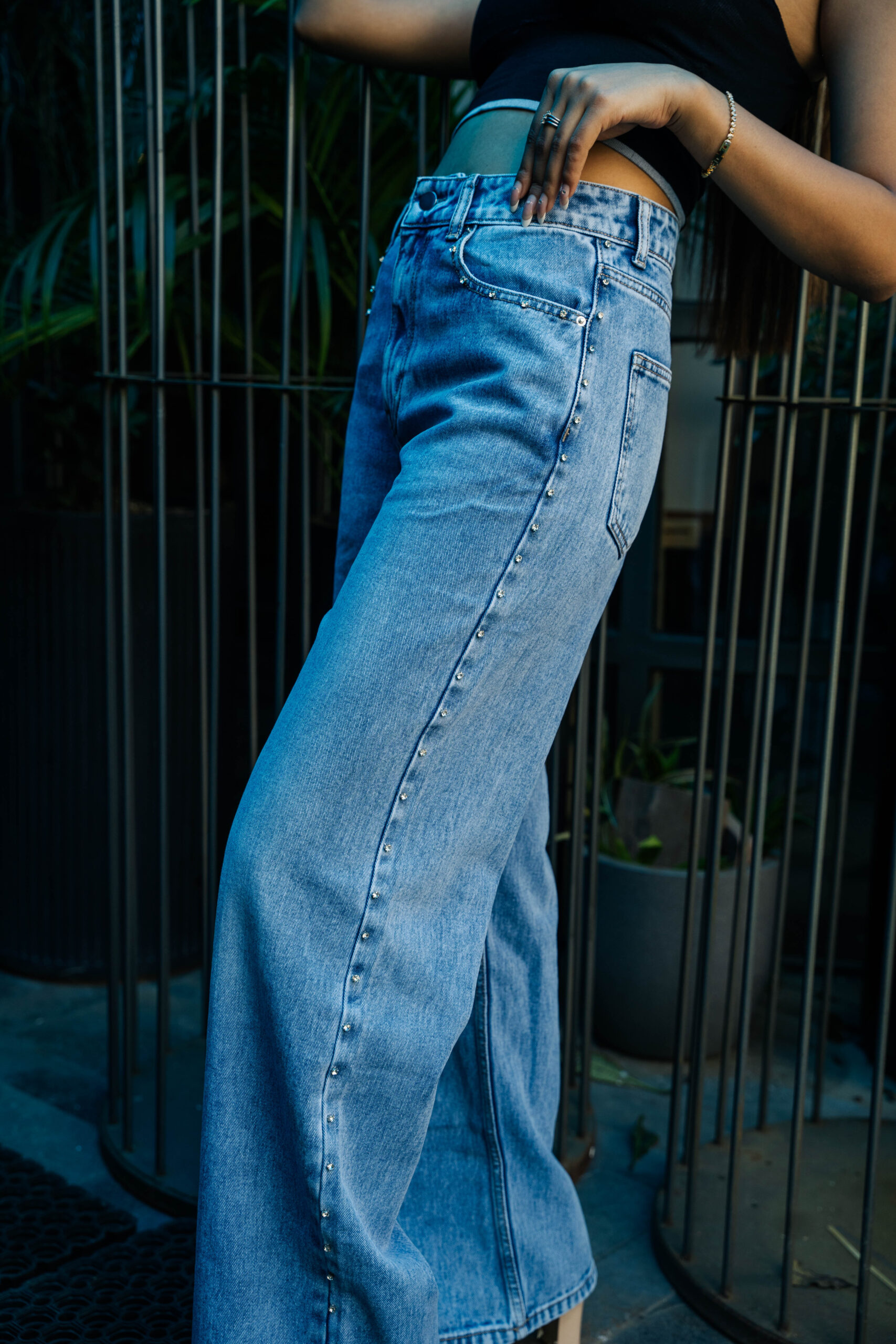 Samantha - Rhinestone Embellished Wide Leg Jeans - Ice Blue - Image 6