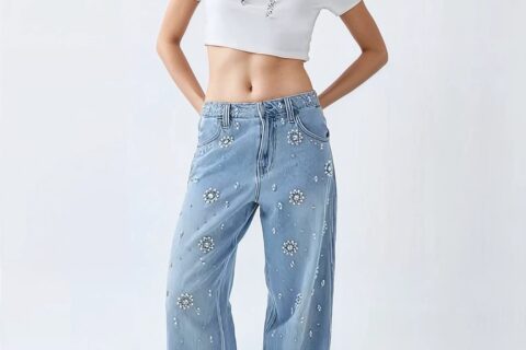 Dazie - Rhinestone Embellished Wide Leg Jeans