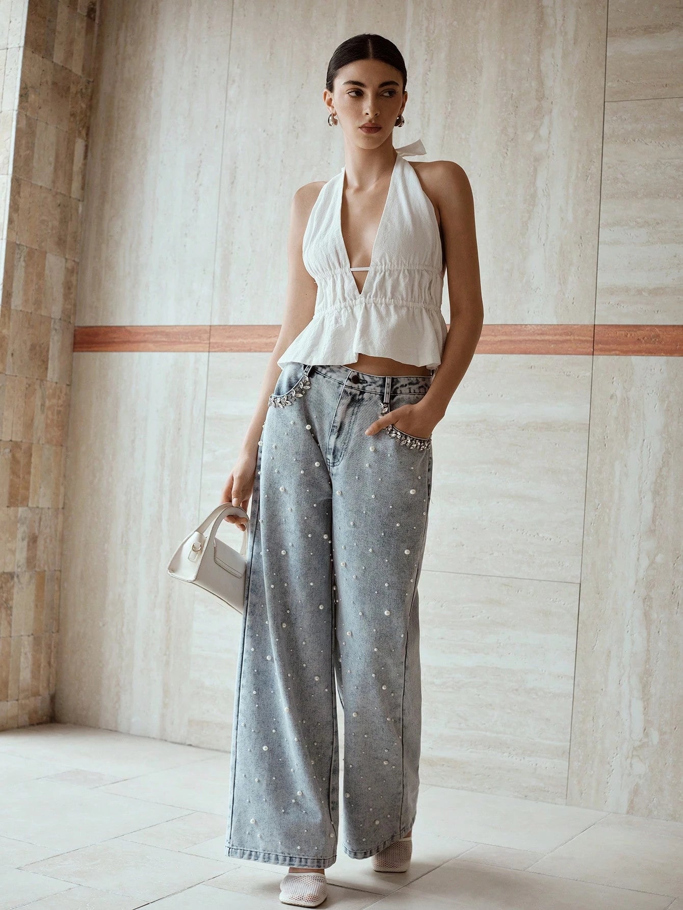 Garden of Light - Pearl Embellished Wide Leg Jeans - Ice Blue - Image 2