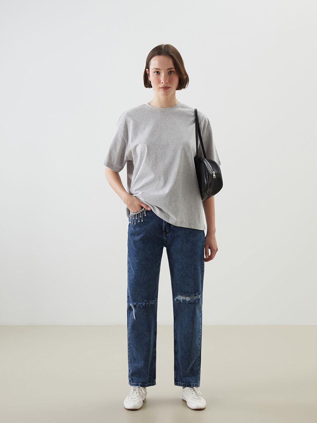 Crystal Drip - Rhinestone Embellished Wide Leg Jeans - Ice Blue - Image 5