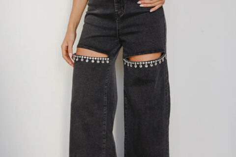 Obsession Noir -  Embellished Wide Leg Cut Out Jeans