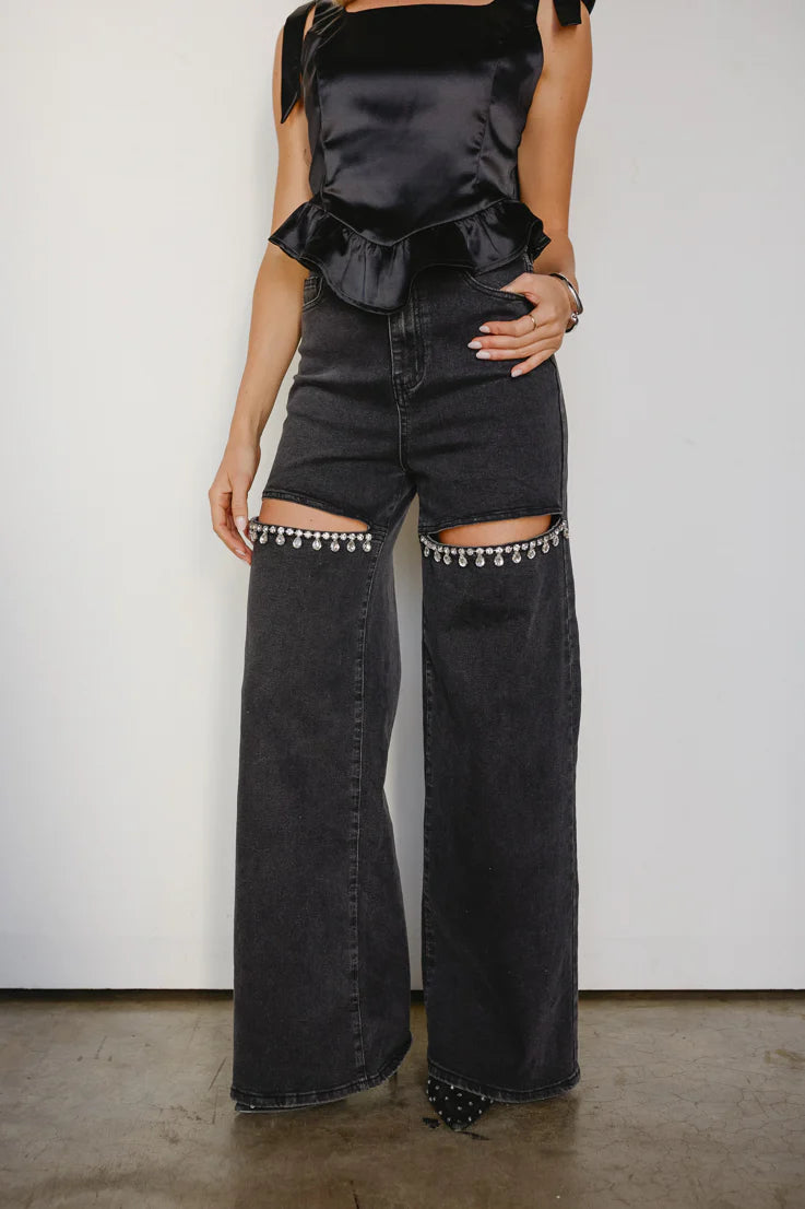 Obsession Noir - Embellished Wide Leg Cut Out Jeans