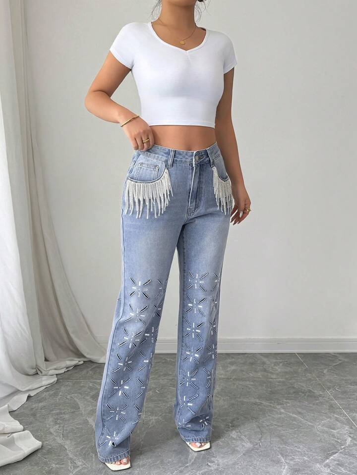 Rhinestone Embellished Wide Leg Jeans - Diana - Image 2