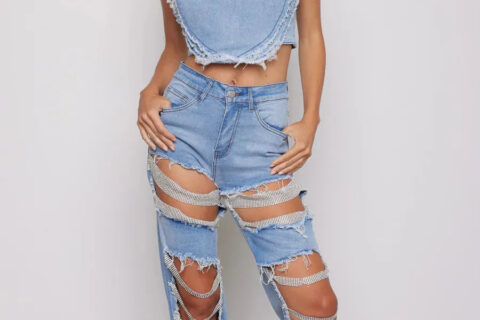 Embellished Wide Leg Cut Out Jeans - Glamour Goddess