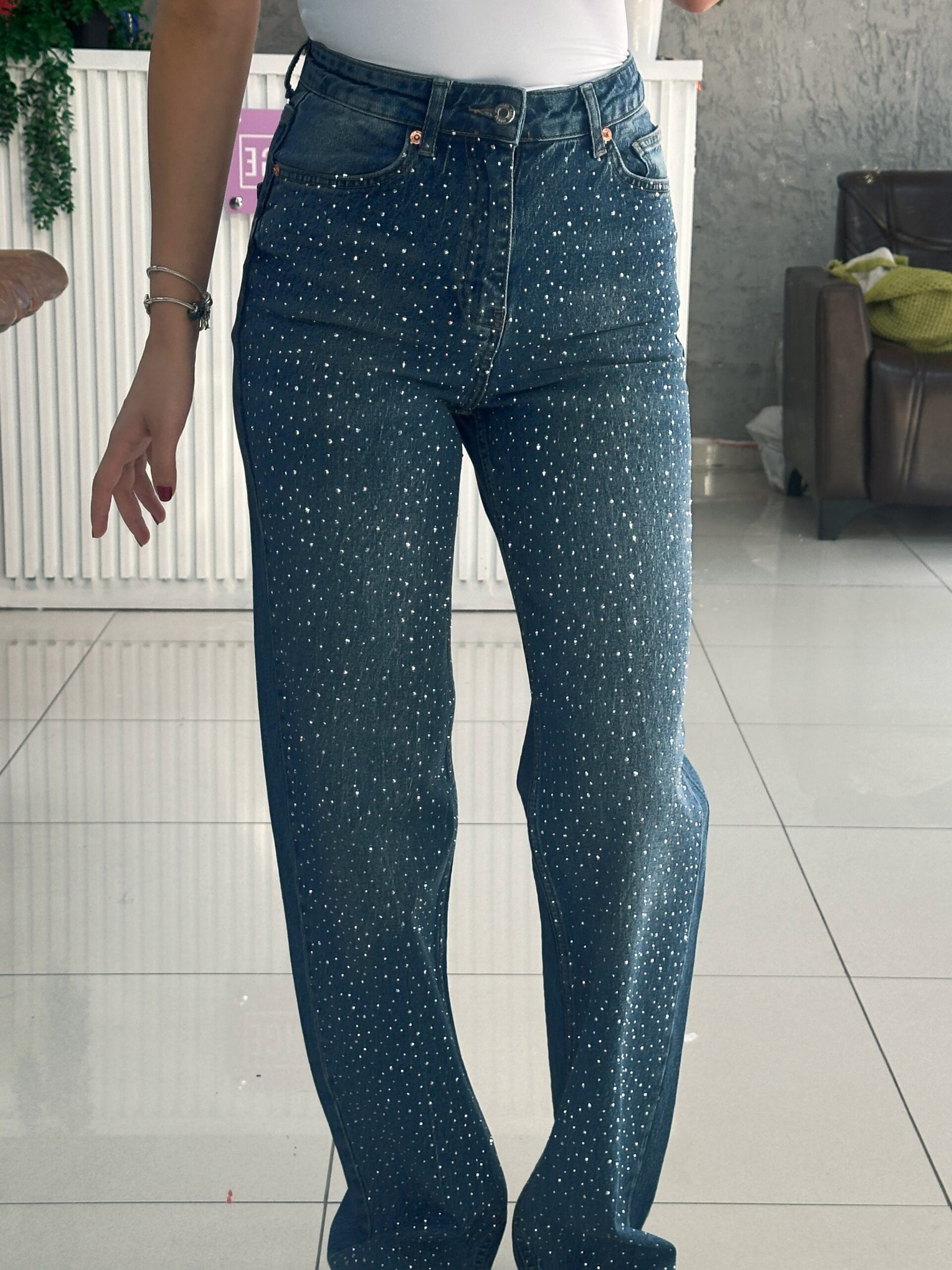 Midnight Blue Diamante Denim High Rise Wide Leg Jeans - Image 2