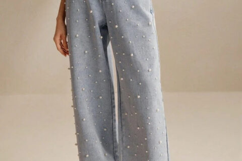 Pearl Noir - Rhinestone Embellished Wide Leg Jeans - Ice Blue