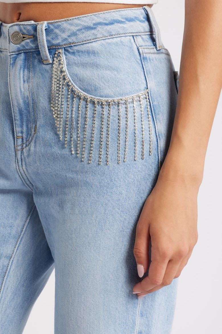 Rhinestone Tassel Wide Leg Jeans - Ice Blue - Image 2