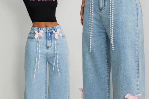 Kiara - Rhinestone and Pearl Embellished Wide Leg Jeans - Ice Blue