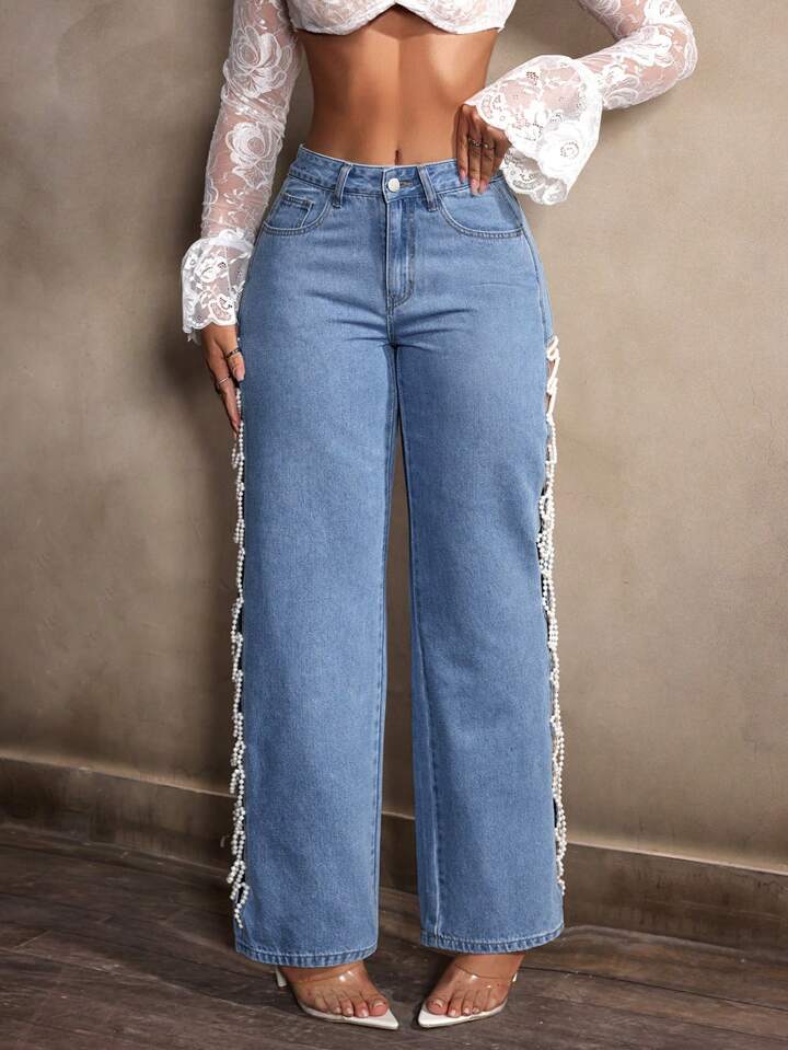 Alice - Pearl Embellished Slit Jeans - Image 4