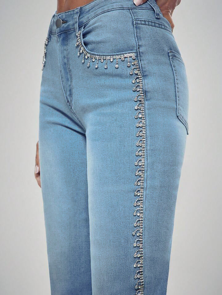 Crown Jewel - Rhinestone Embellished Wide Leg Jeans - Ice Blue - Image 3
