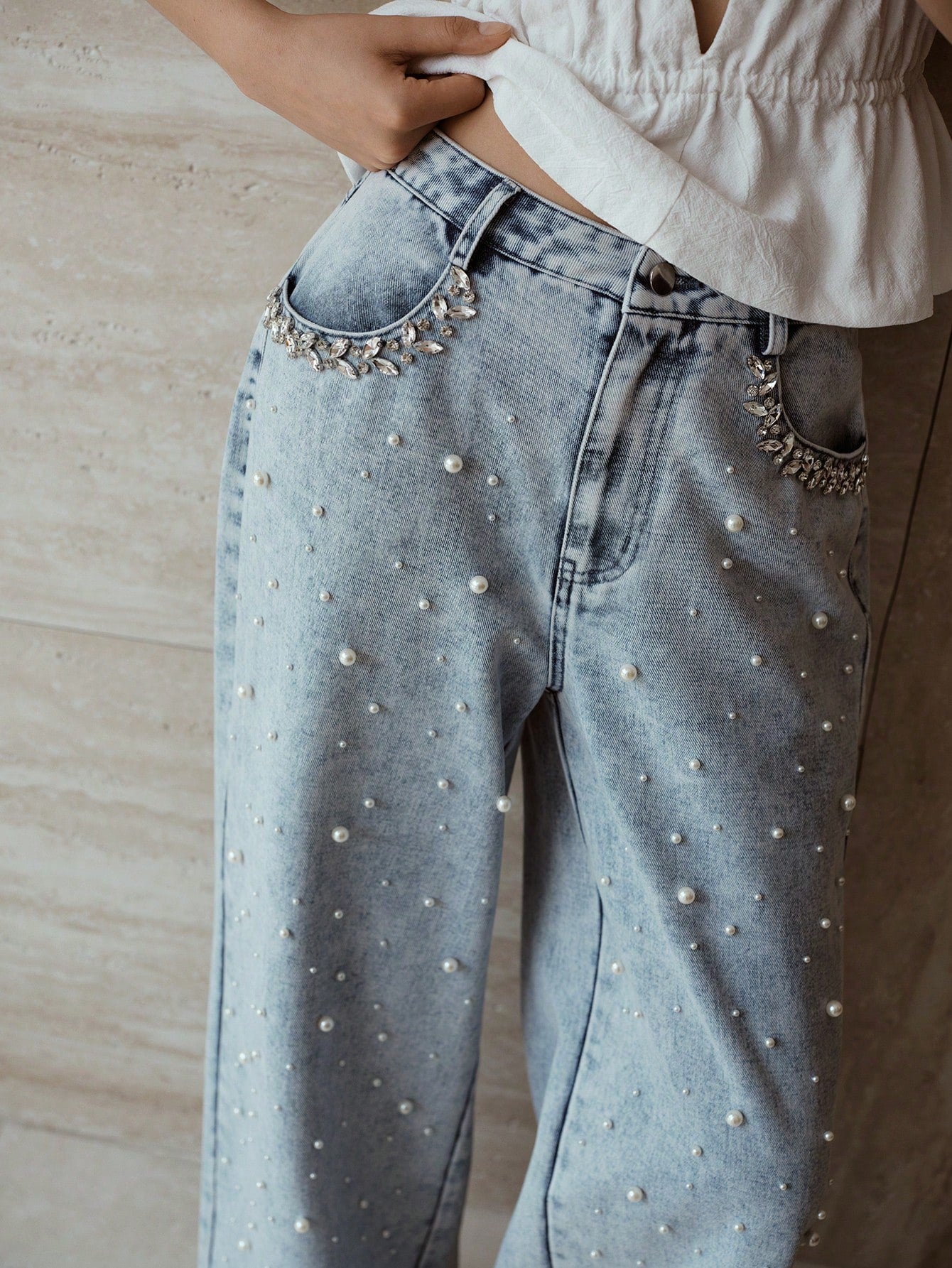 Garden of Light - Pearl Embellished Wide Leg Jeans - Ice Blue - Image 3