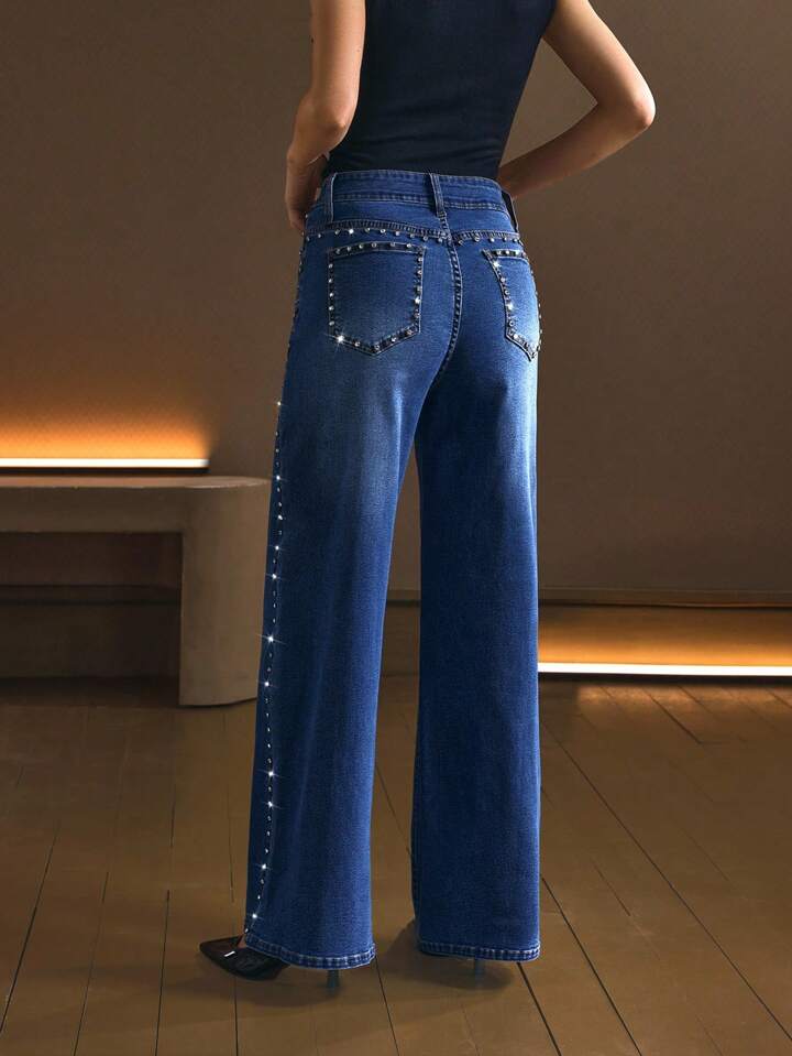 Starline - Rhinestone Embellished Wide Leg Jeans - Stone Blue - Image 7