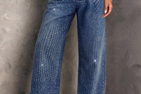 Hailey - Rhinestone Embellished Wide Leg Jeans - Dark Blue