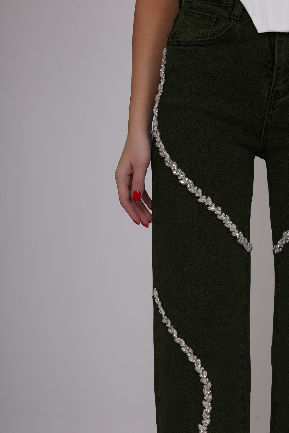 Luna - High Rise Rhinestone Embellished Wide Leg Flared Jeans - Image 2