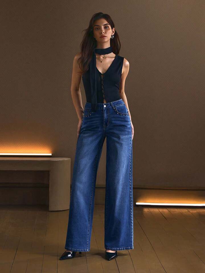 Starline - Rhinestone Embellished Wide Leg Jeans - Stone Blue - Image 6