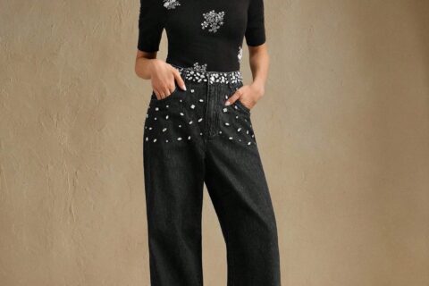 Black Dazzle Band - Rhinestone Embellished Wide Leg Jeans