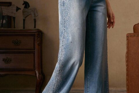 Mira - Rhinestone Embellished Wide Leg Jeans - Ice Blue