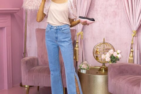 Boot Cut Side Slit Embellished Jeans - Medium Wash