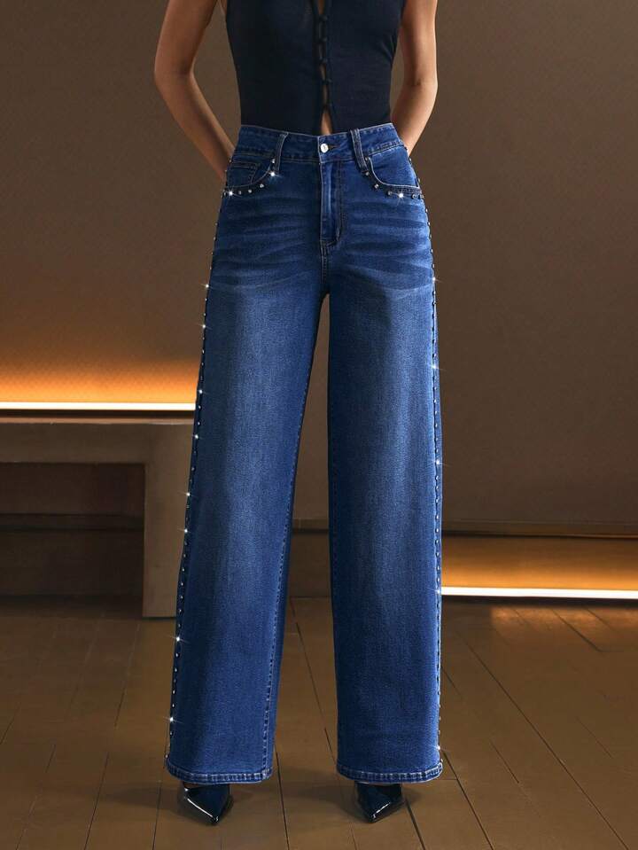 Starline - Rhinestone Embellished Wide Leg Jeans - Stone Blue - Image 5