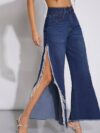 Aurora - High Rise Side Slit Tassel Jeans - Midnight Blue