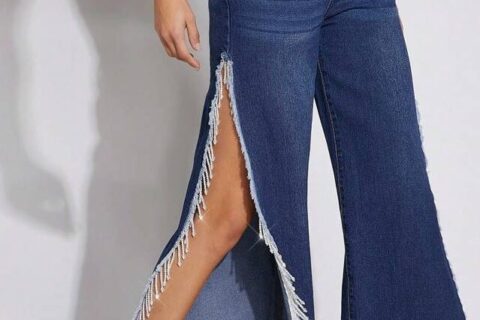 Aurora - High Rise Side Slit Tassel Jeans - Midnight Blue
