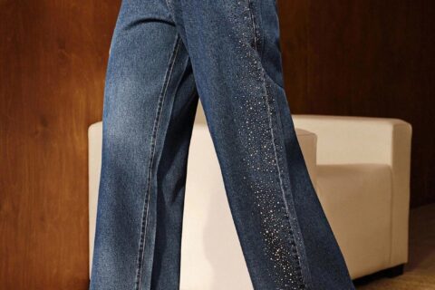 Diamond Mist - Rhinestone Embellished Wide Leg Jeans - Dark Blue