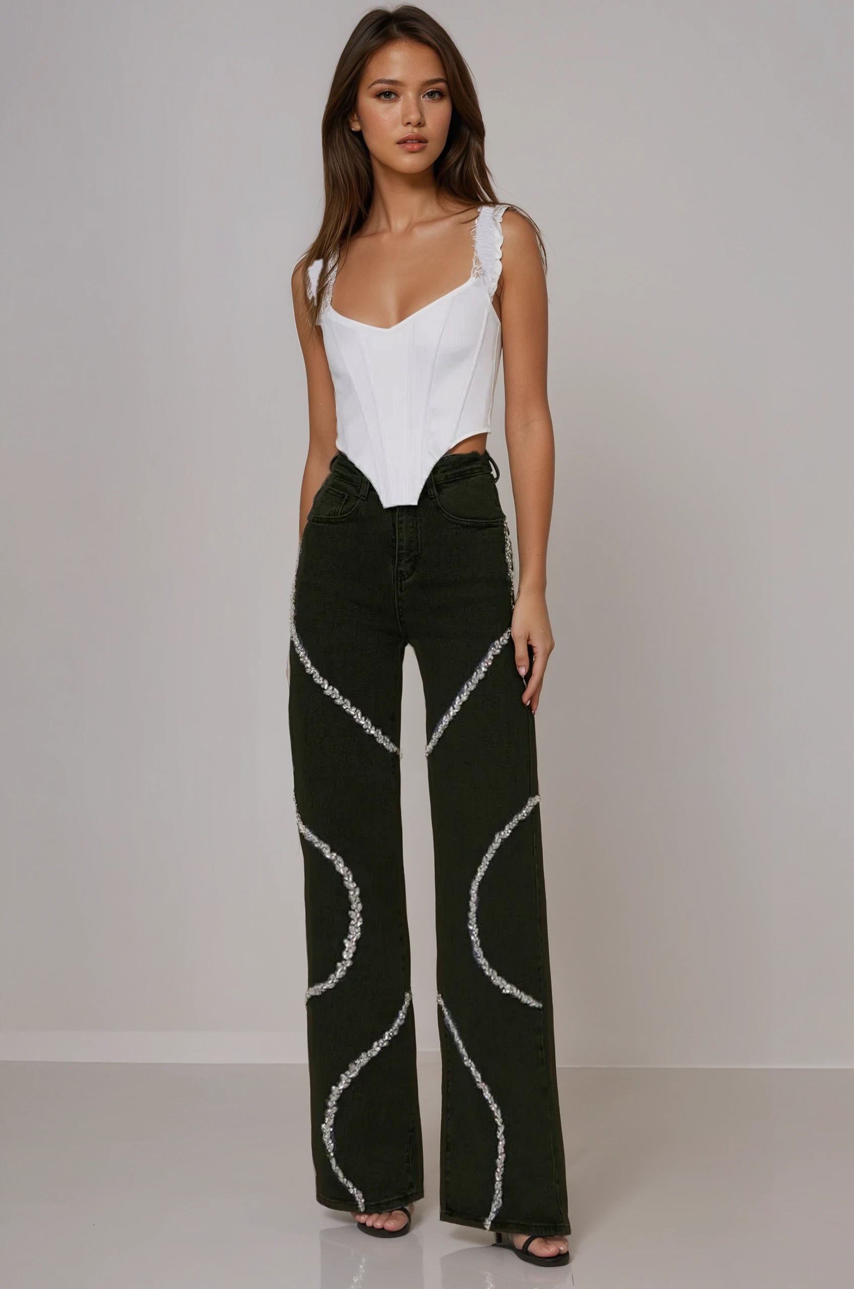 Luna - High Rise Rhinestone Embellished Wide Leg Flared Jeans