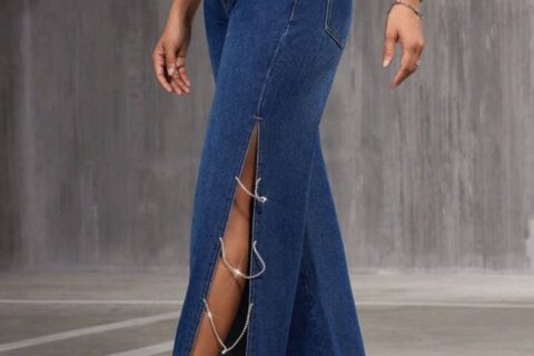 Side Slit Rhinestone Embellished Jeans - Midnight Blue