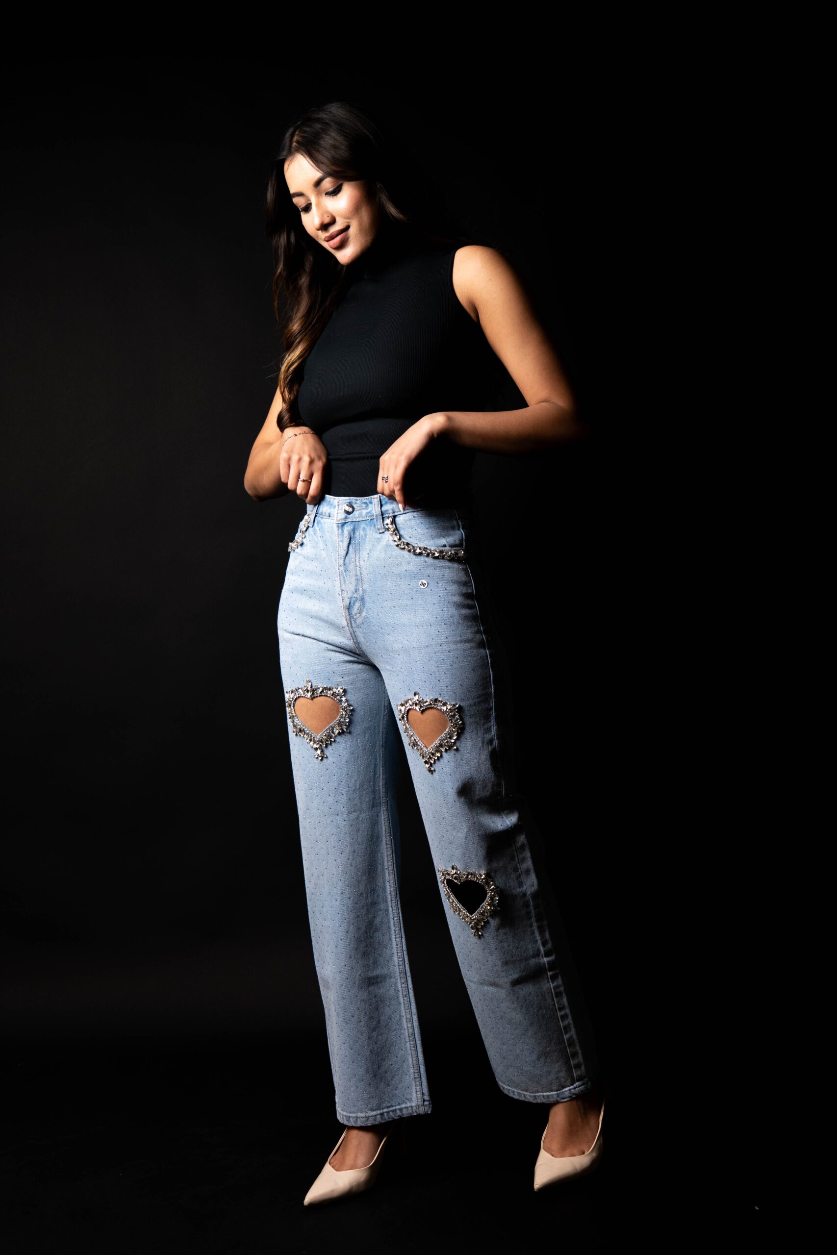 Cupid’s Charm - Rhinestone Embellished Cut Out Jeans - IceBlue - Image 7