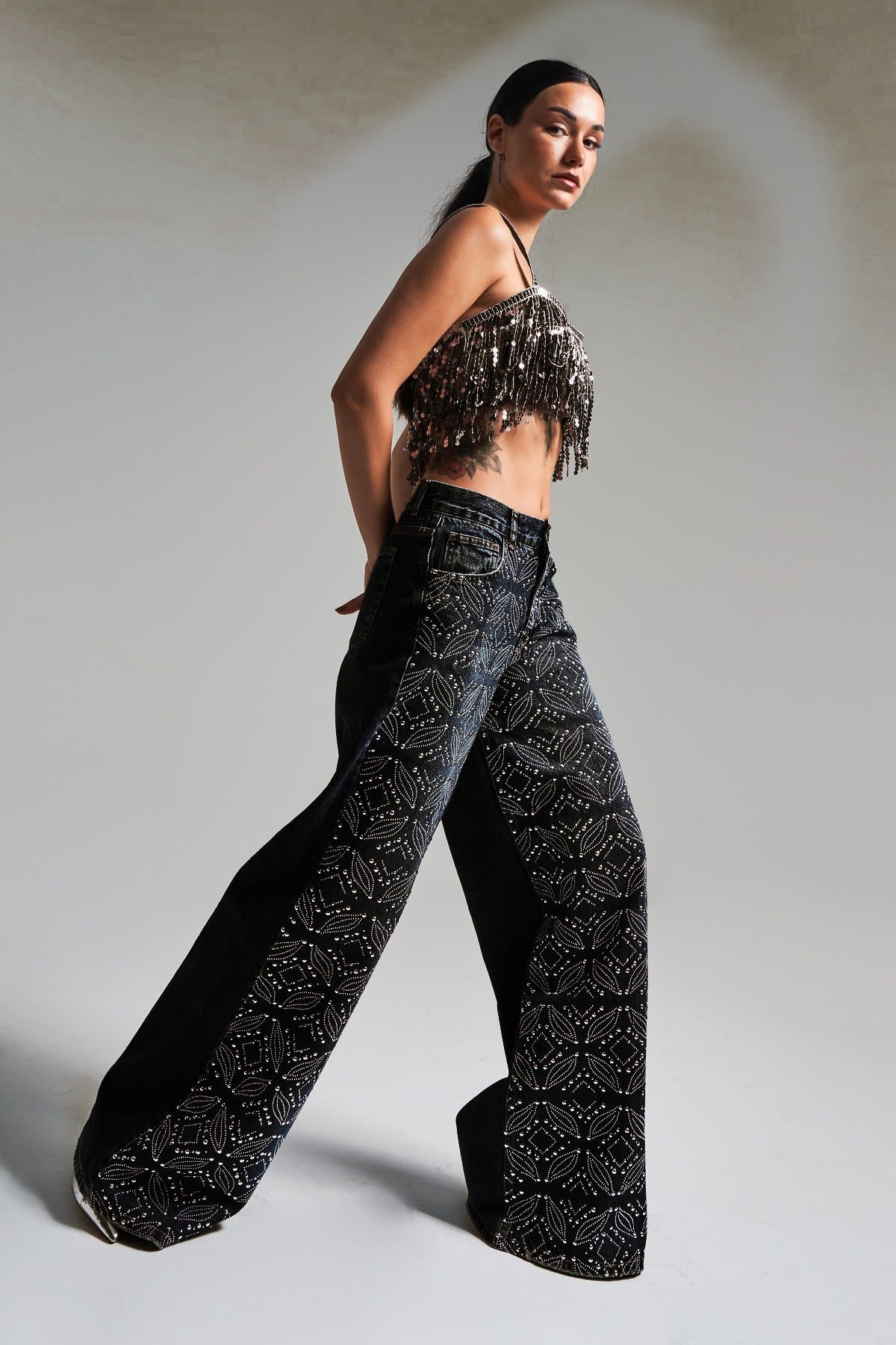 Onyx - Rhinestone Embellished Wide Leg Jeans - Image 4