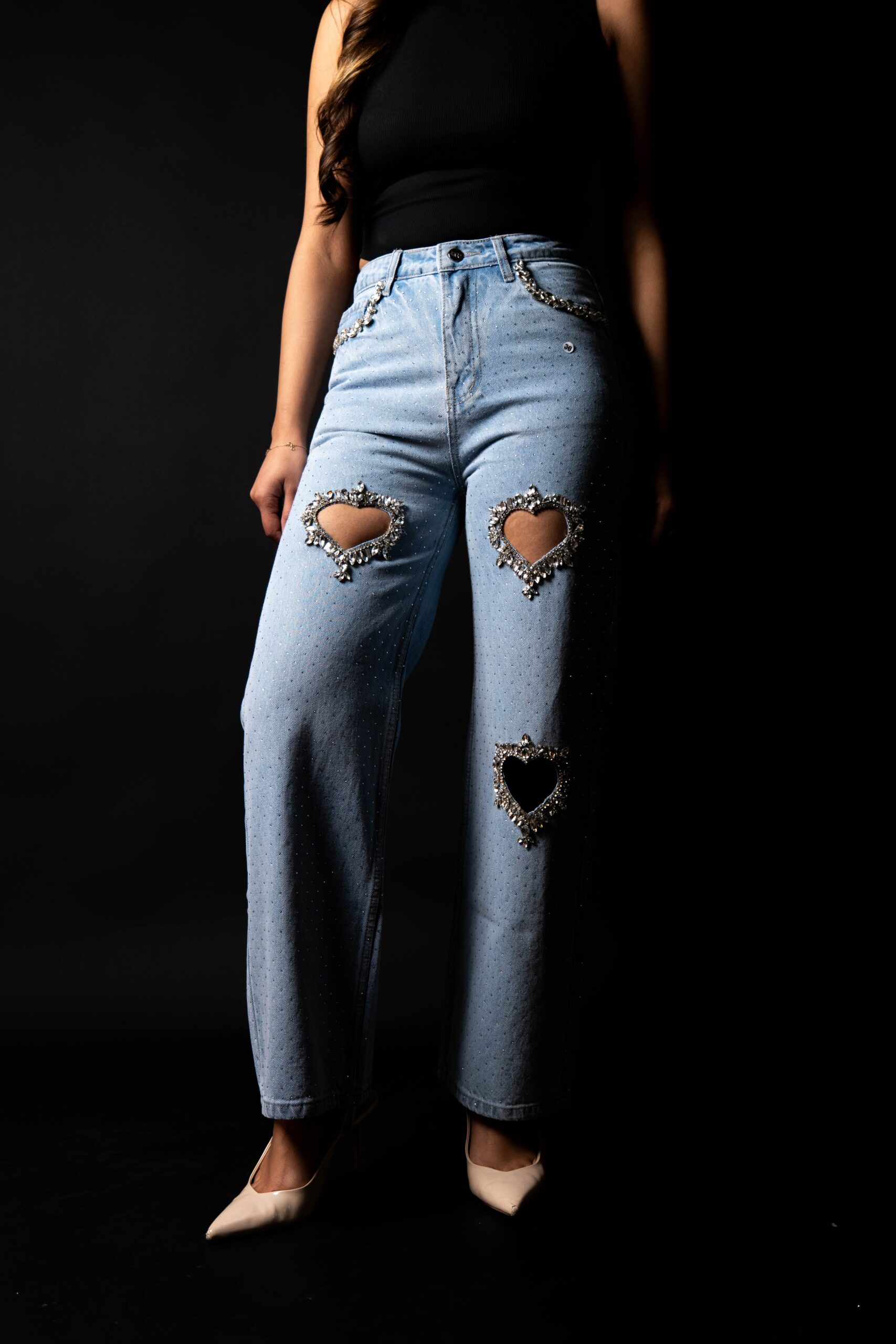Cupid’s Charm - Rhinestone Embellished Cut Out Jeans - IceBlue - Image 11