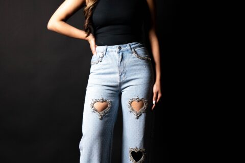 Cupid’s Charm - Rhinestone Embellished Cut Out Jeans - IceBlue
