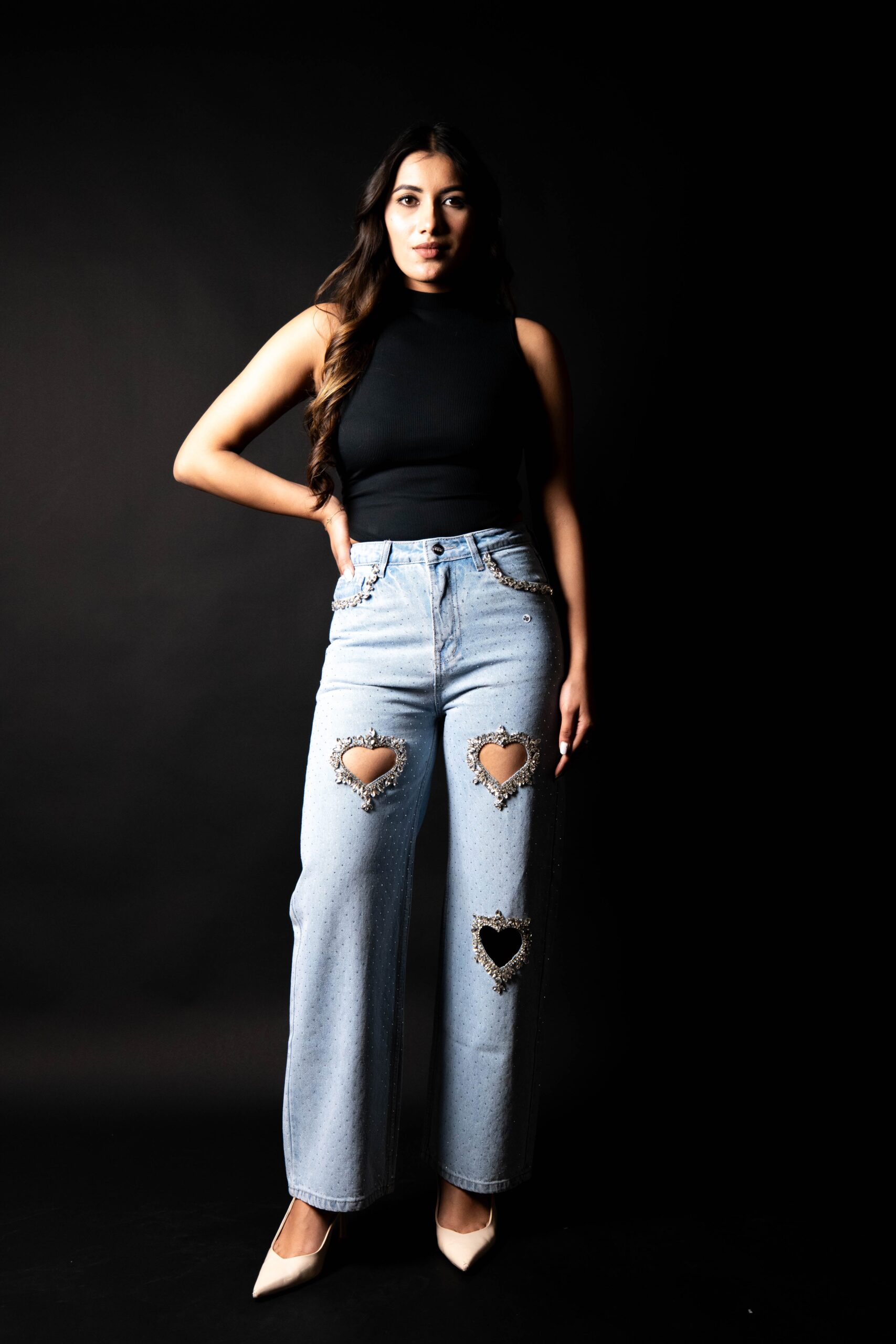 Cupid’s Charm - Rhinestone Embellished Cut Out Jeans - IceBlue