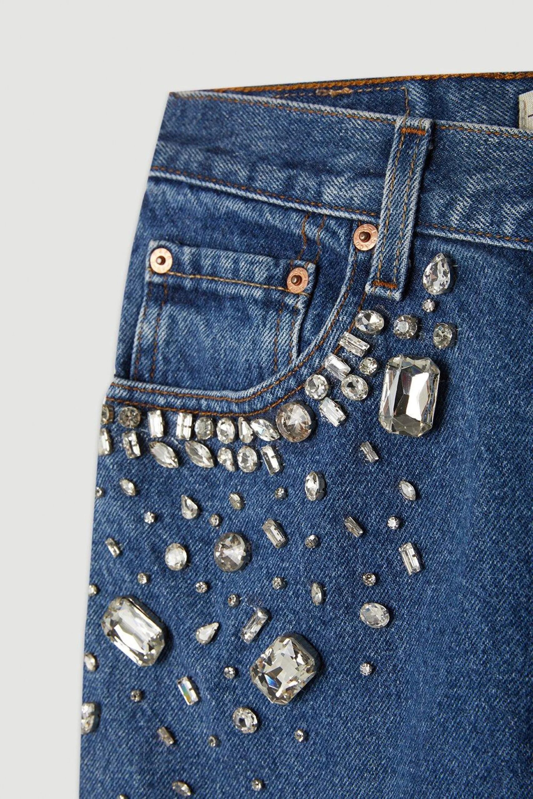 Tanya - Rhinestone Embellished Wide Leg Jeans - Dark Blue - Image 5