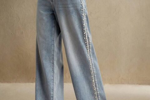 Lea - Pearl Embellished Wide Leg Jeans - Ice Blue