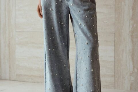 Garden of Light - Pearl Embellished Wide Leg Jeans - Ice Blue