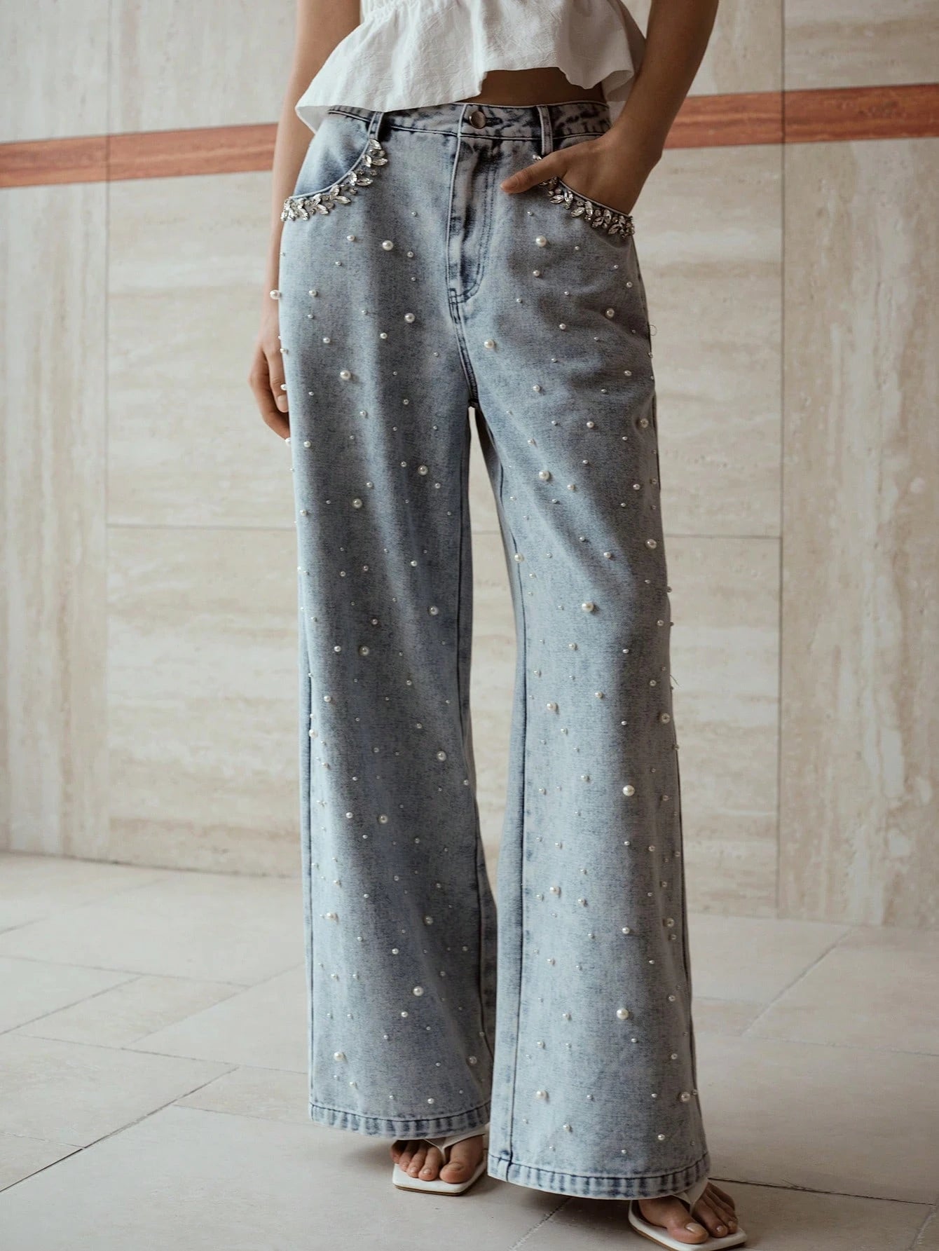 Garden of Light - Pearl Embellished Wide Leg Jeans - Ice Blue