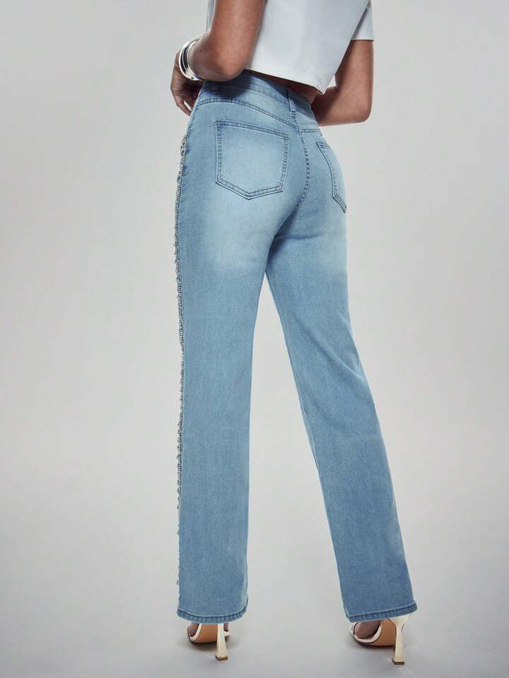 Crown Jewel - Rhinestone Embellished Wide Leg Jeans - Ice Blue - Image 5