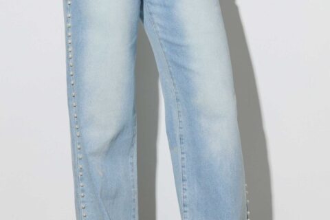Pearl Studded Wide Leg Jeans - Ice Blue