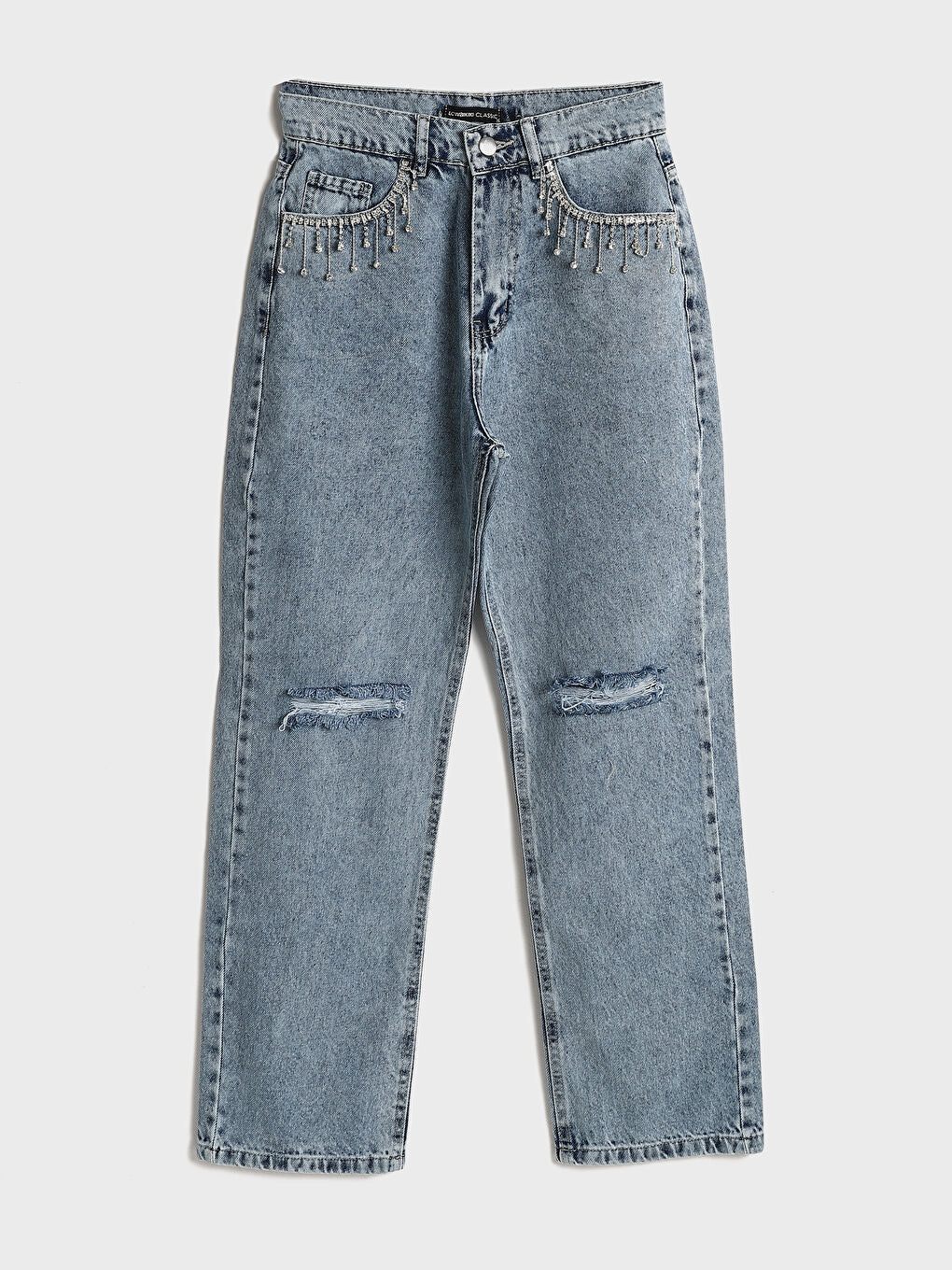 Frost Drop - Rhinestone Embellished Wide Leg Jeans - Ice Blue - Image 5