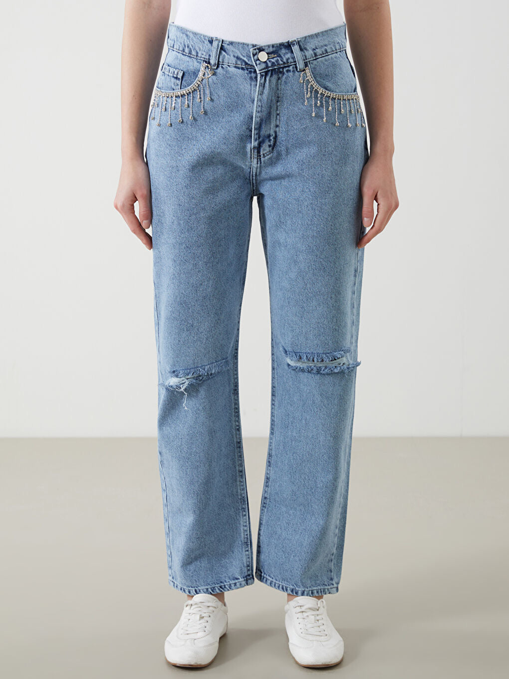 Frost Drop - Rhinestone Embellished Wide Leg Jeans - Ice Blue - Image 3