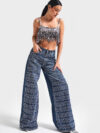 Emma - Rhinestone Embellished Wide Leg Jeans - Dark Blue