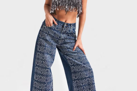 Emma - Rhinestone Embellished Wide Leg Jeans - Dark Blue