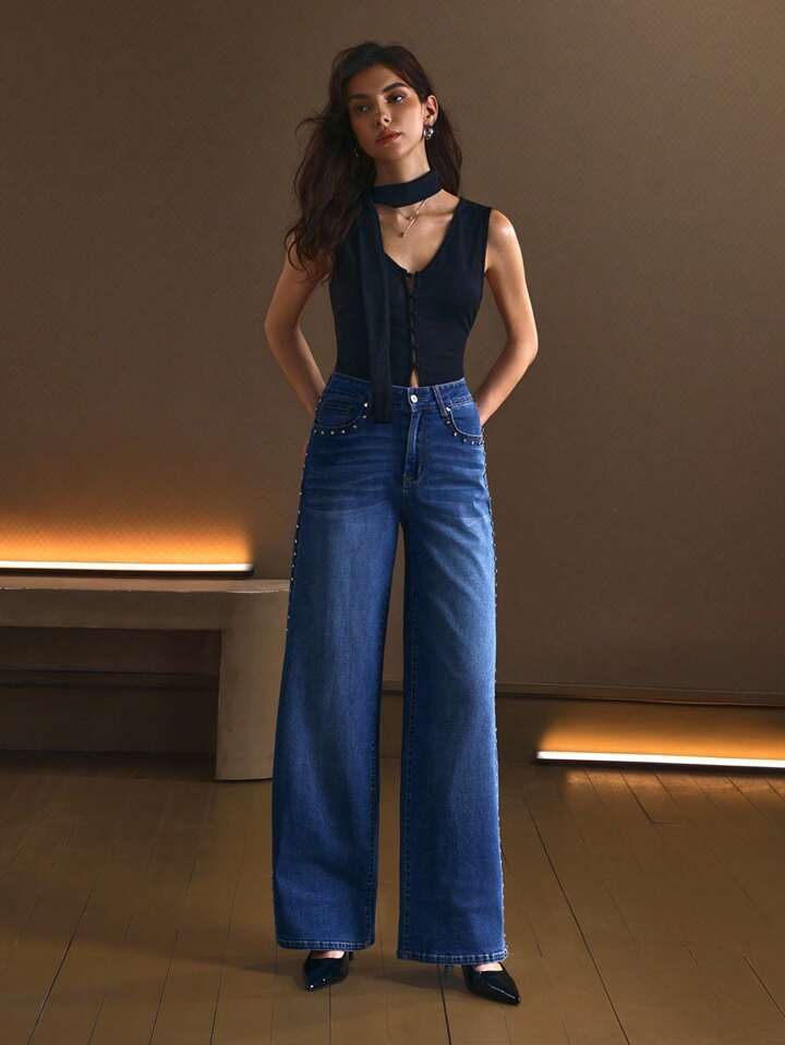 Starline - Rhinestone Embellished Wide Leg Jeans - Stone Blue - Image 4