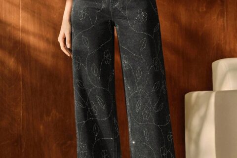 Nancy - Rhinestone Embellished Wide Leg Jeans - Black