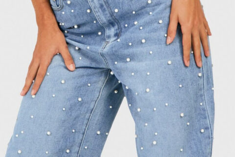 Limited Edition Pearl Embellished Wide Leg Jeans - Blue