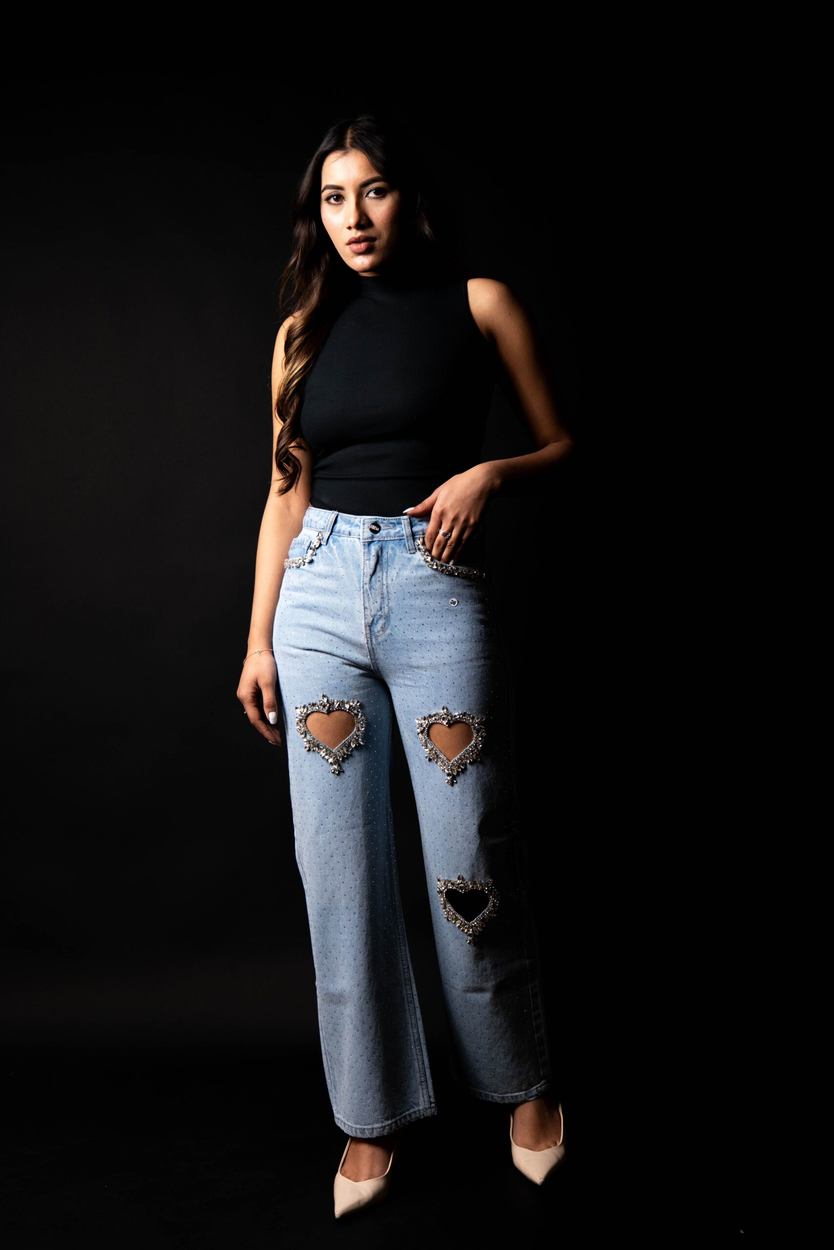 Cupid’s Charm - Rhinestone Embellished Cut Out Jeans - IceBlue - Image 10