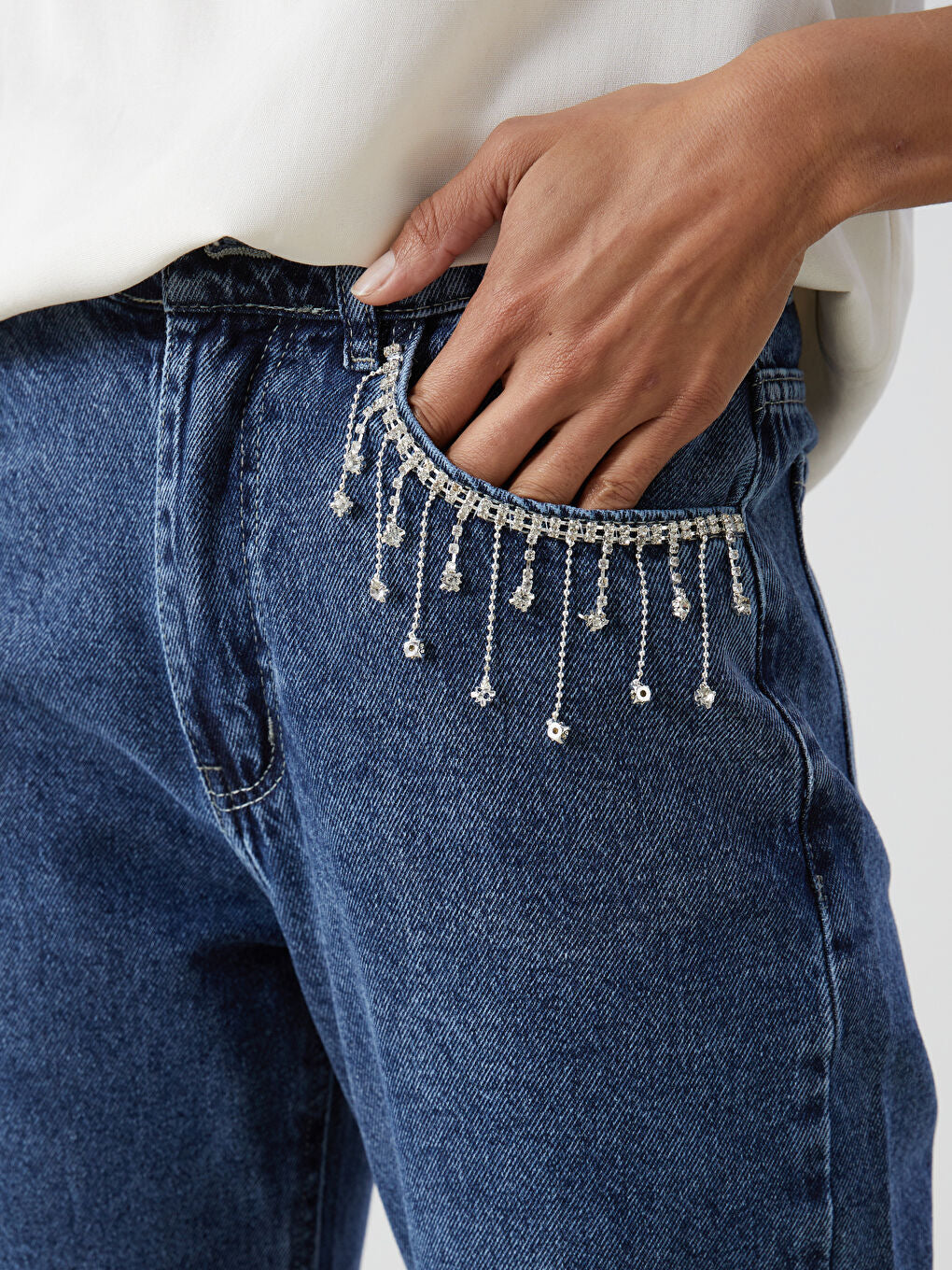Crystal Drip - Rhinestone Embellished Wide Leg Jeans - Ice Blue - Image 7