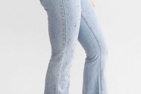 High Rise Rhinestone Embellished Boot Cut Flared Jeans - Ice Blue