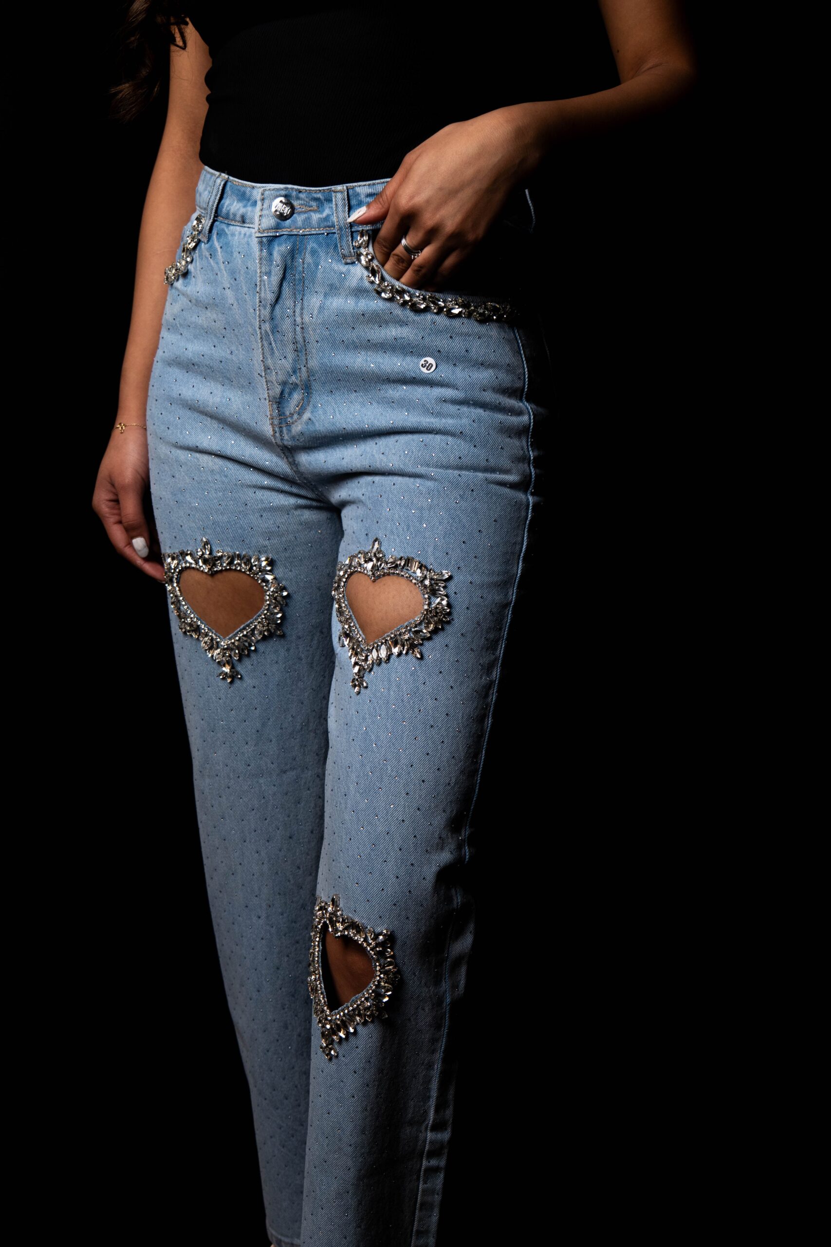 Cupid’s Charm - Rhinestone Embellished Cut Out Jeans - IceBlue - Image 8